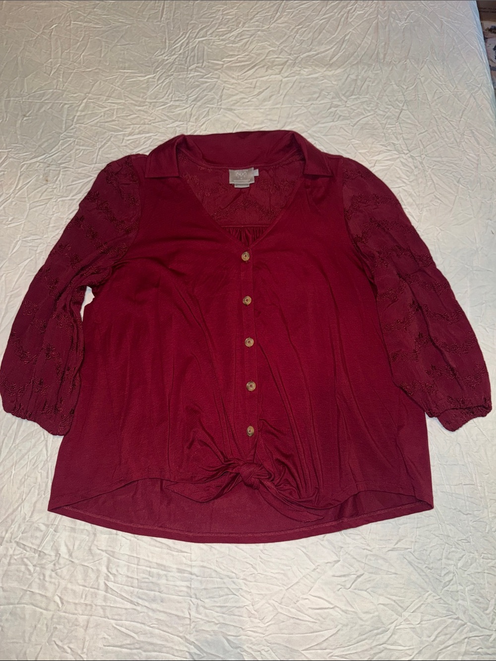 Anthropologie Vanessa Virginia Lenora Tie Front Blouse Maroon Wine Red Large